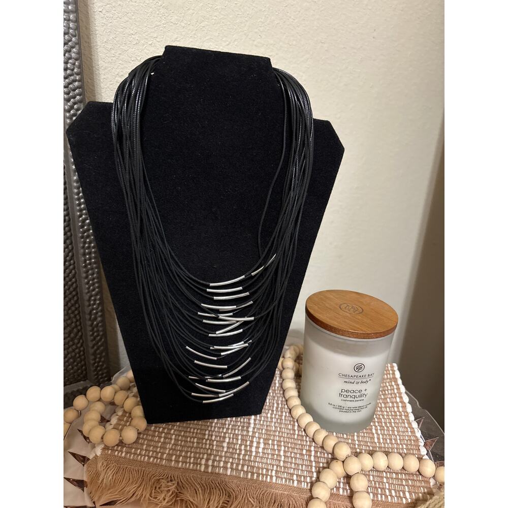 Western Black Multi-Strand Cord Necklace With Silver-Tone Tube Accents